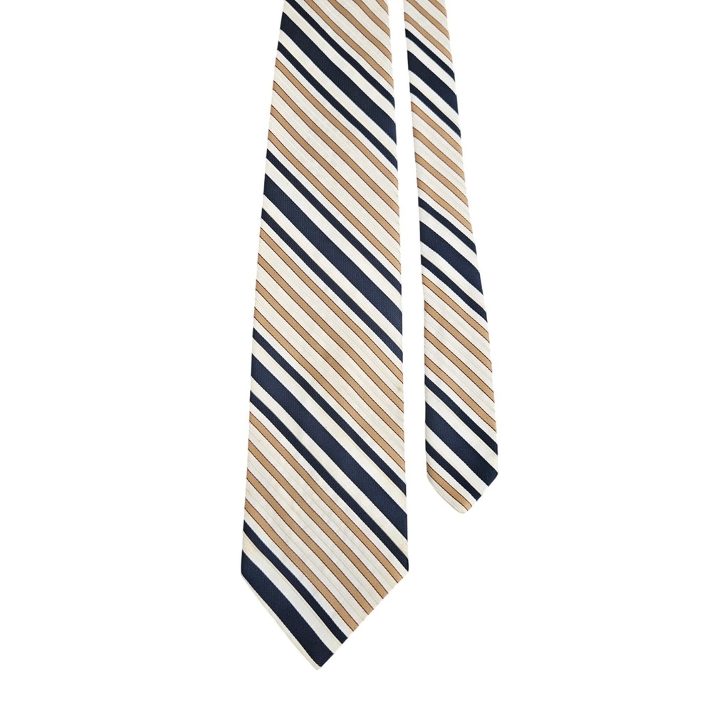 Wembley Necktie Mens OS Navy Tan White Striped Wemlon Polyester Academia Prep‎